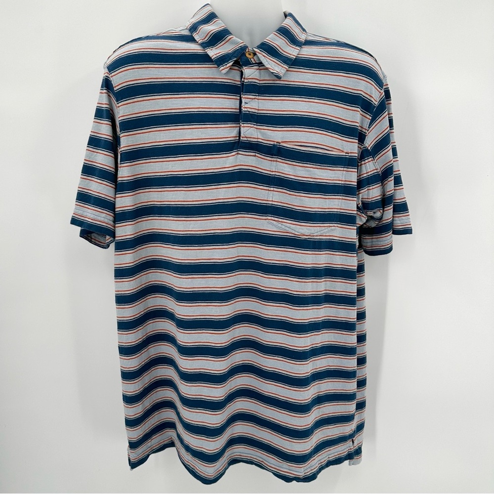 Duluth Polo Shirt Men’s L Blue Orange Stripe Blue Ridge Slub Cotton Short Sleeve